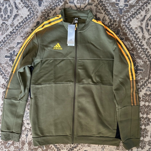 Men’s Adidas Olive Green Tracksuit with Yellow Stripes - Picture 2 of 7